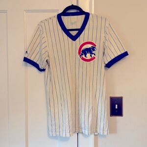 Blue-Trim Pinstripe Baseball Tee with Bear Patch